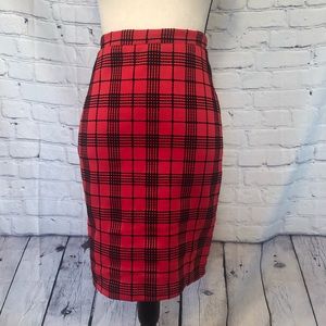Red & Black Plaid Stretchy Midi Pencil Skirt